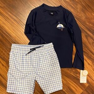 New Carter's Navy Rashguard and Blue Checkered Shorts Boys 4T Swim Set